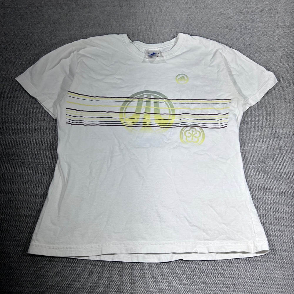 Adidas Graphic T-Shirt Womens Large White Fair Short Sleeve Striped USA Made